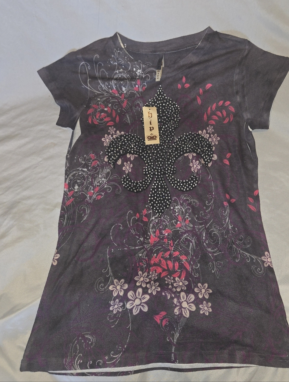 Purple Women's Floral  Black Fleur-de-Lis Rhinestone Short Sleeve Tee Festival